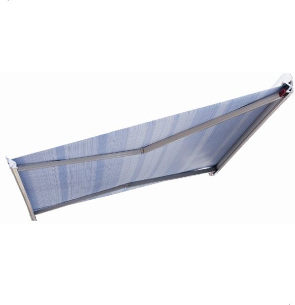 Picture of Crank awning over kitchen of 3.5mx2.5m with rafter bar and wind strap kit, as upgrade from standard canvas awning, installed on Mobi Lodge