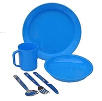 Picture of Cutlery set for extra persons including larger plate, small plate, bowl, coffee mug, glass, knife, fork & spoon