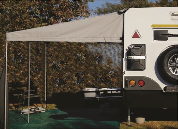 Picture of Standard canvas awning with three poles, fixed to Mobi Lodge